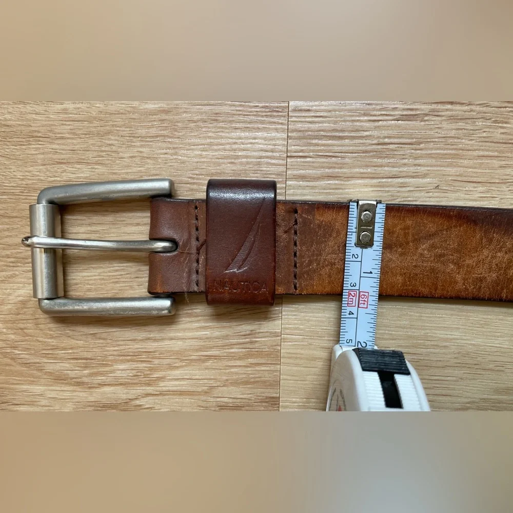 Nautica Men's Brown Leather Belt silver buckle size 40 preppy